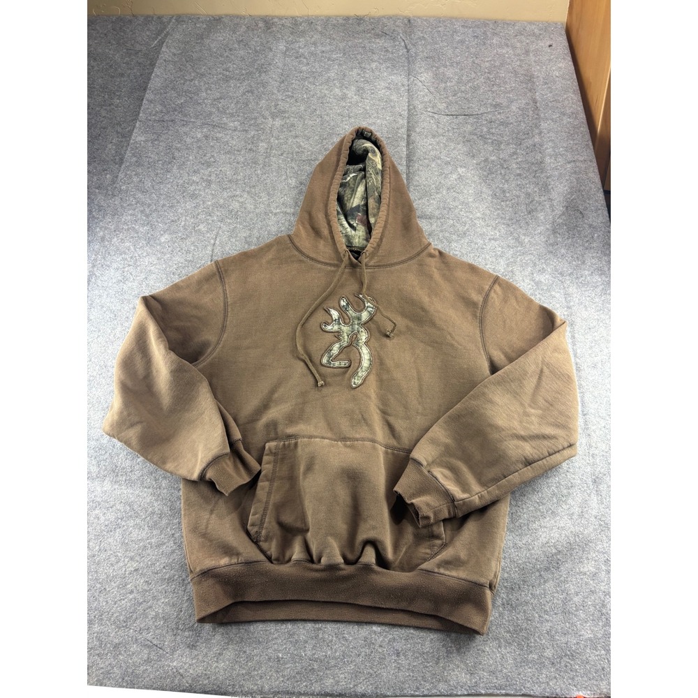 Browning Mens L Brown Camo Logo Pullover Hoodie Fleece Sweatshirt VTG Granola